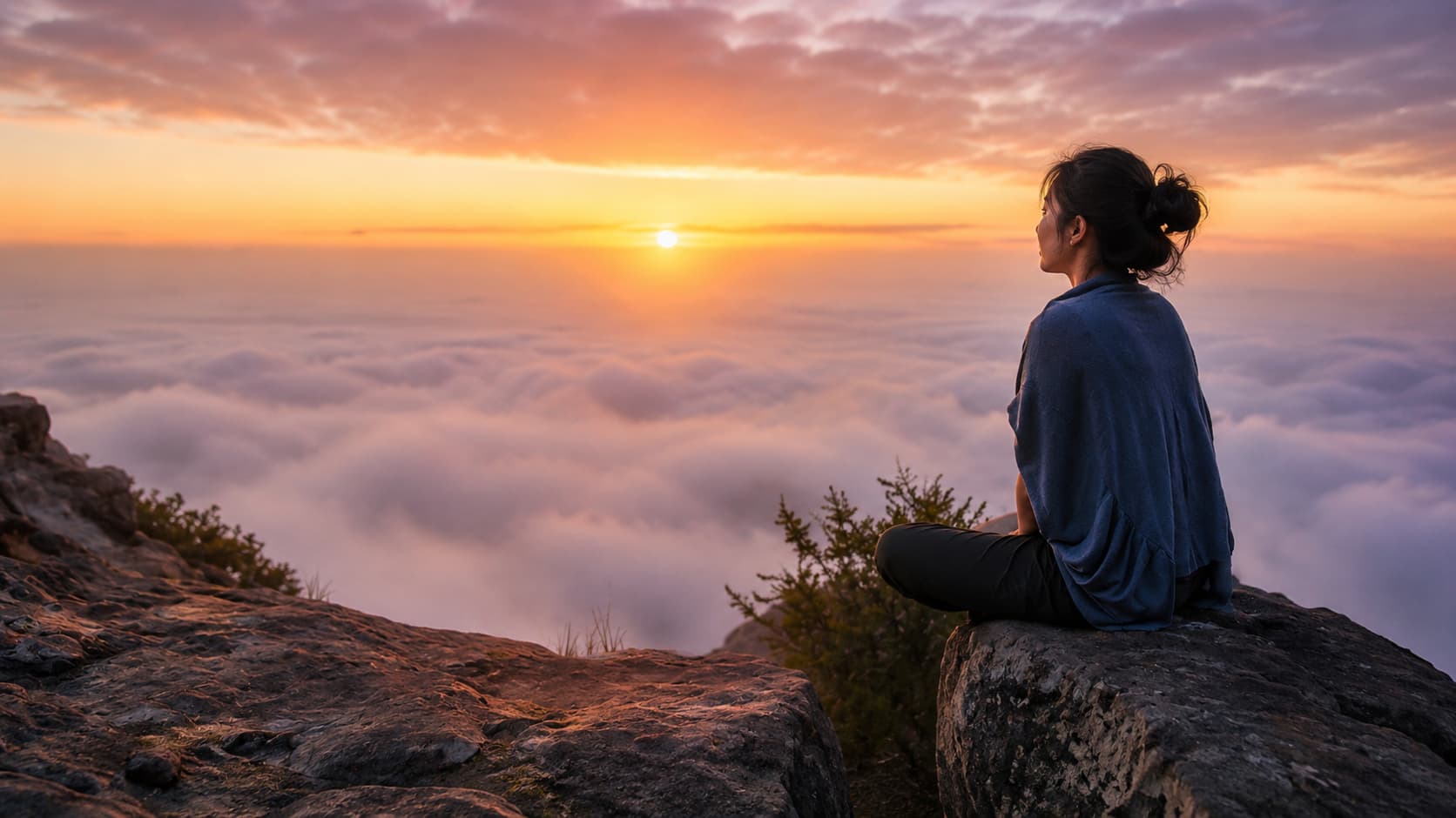 A person sitting above the clouds at sunrise