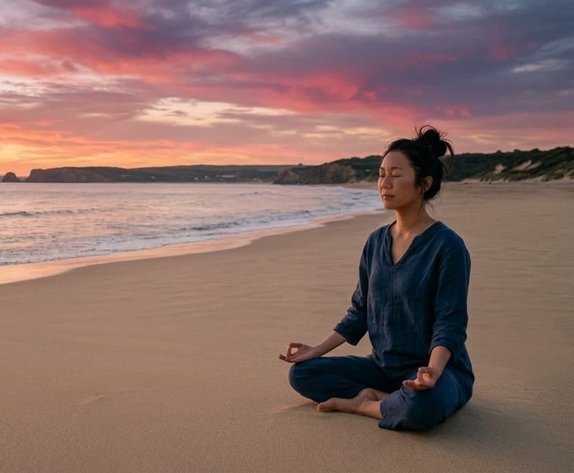 A person meditating by the sea at sunset